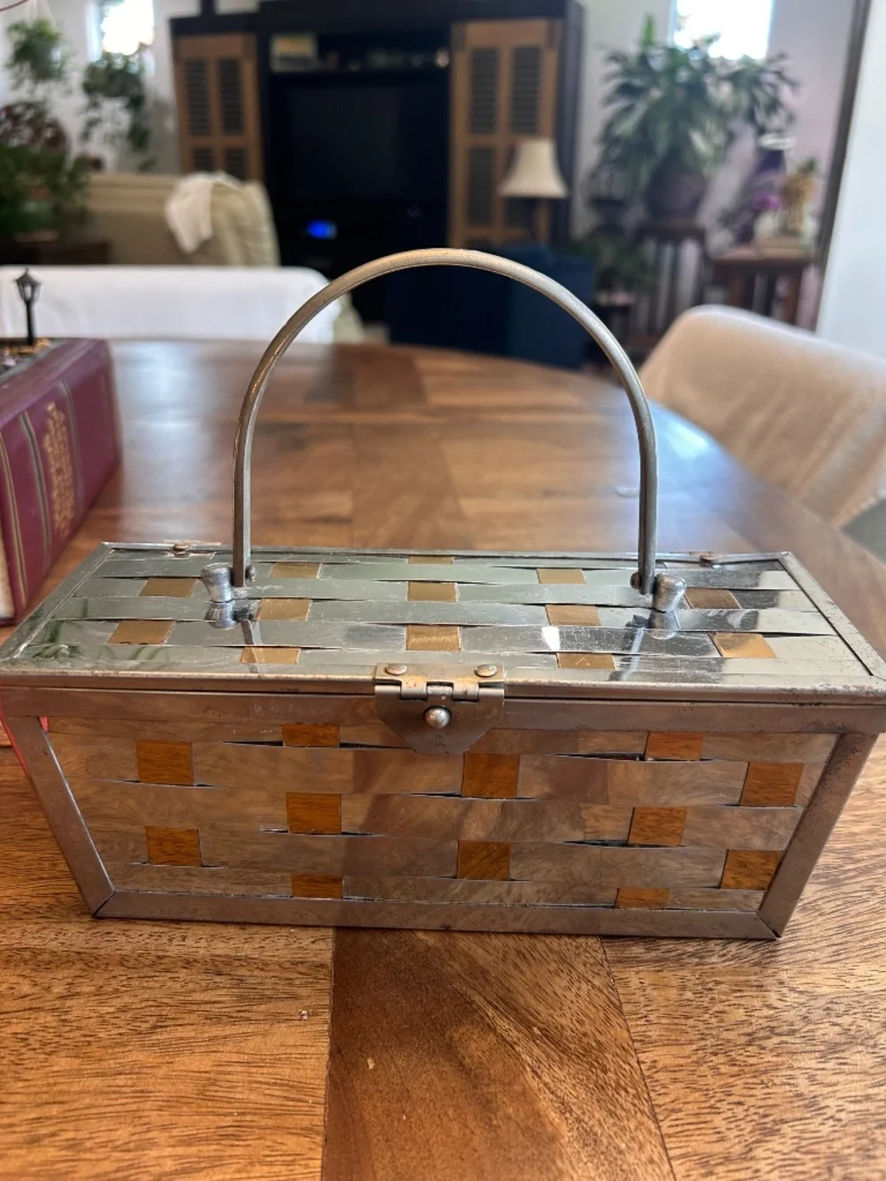 Vintage Mid Century Gold and Silver Minaudière Purse With Woven Geometric Design